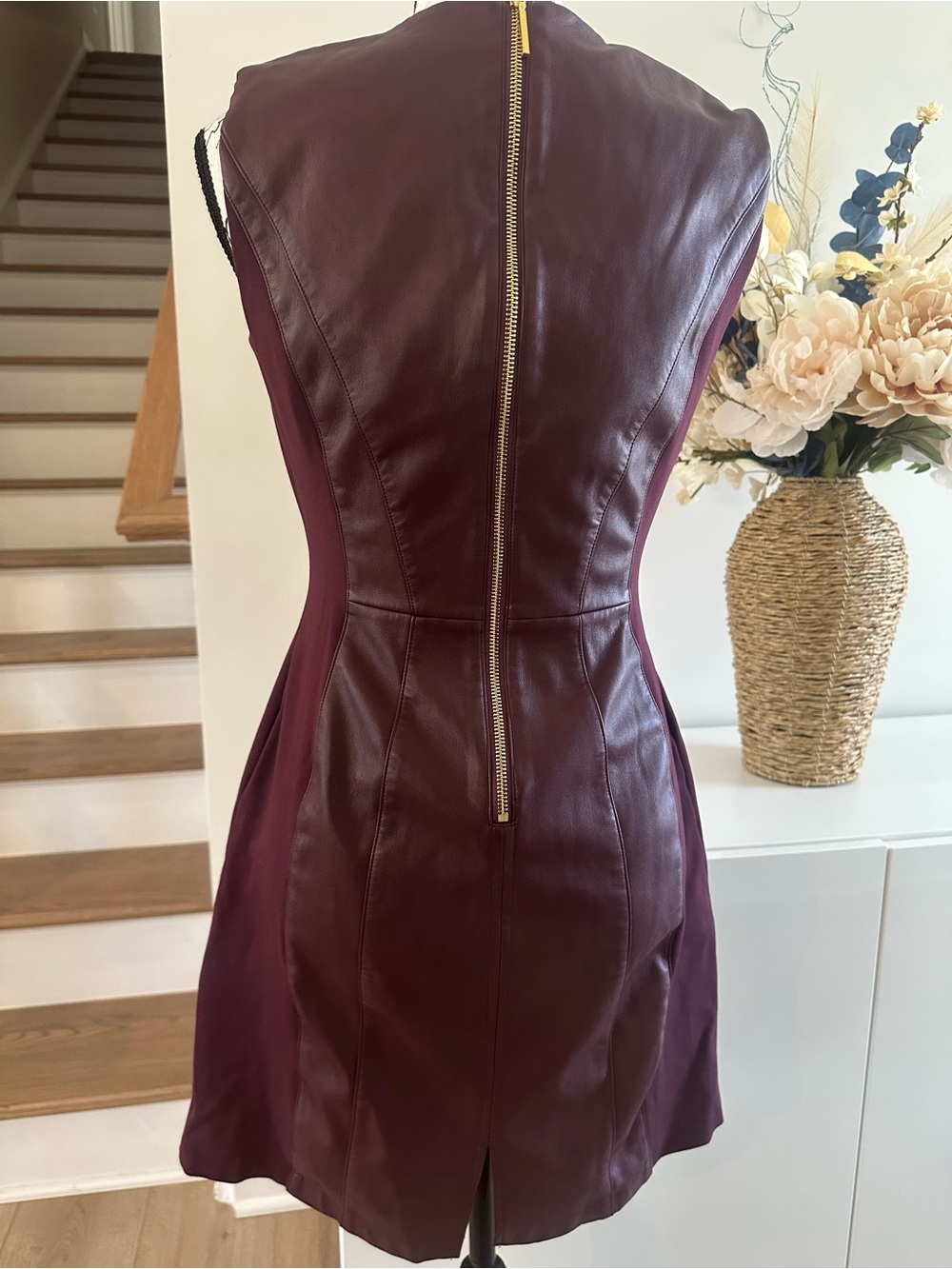 INC International Concepts Burgundy Faux-Leather Mini Dress , Gold Zipper size 6